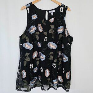 Charter Club Sleeveless Top Size 3X Black Embroidered Dark Floral Mesh Overlay